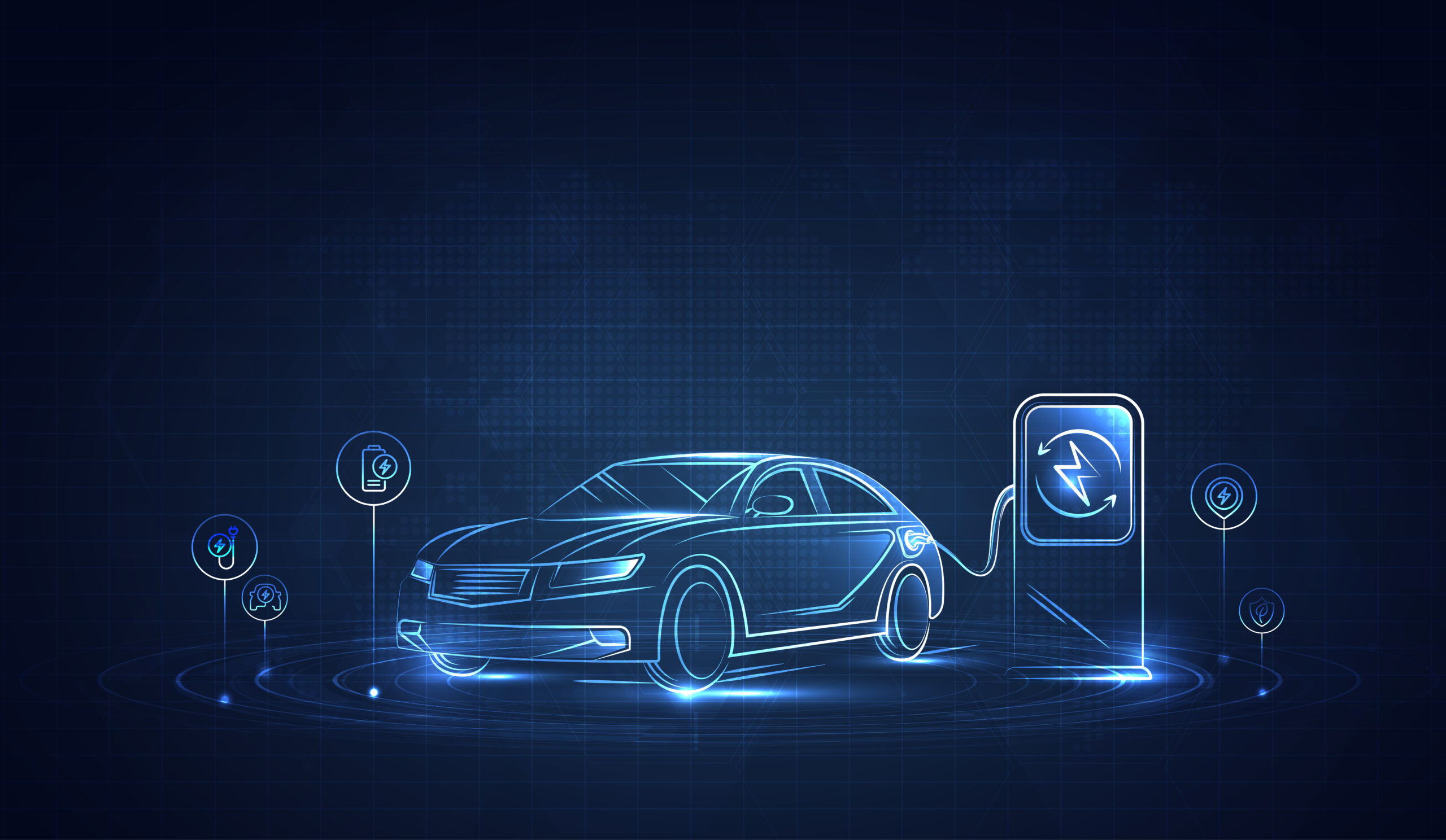 EV. Electric car connect to charging station on blue background.